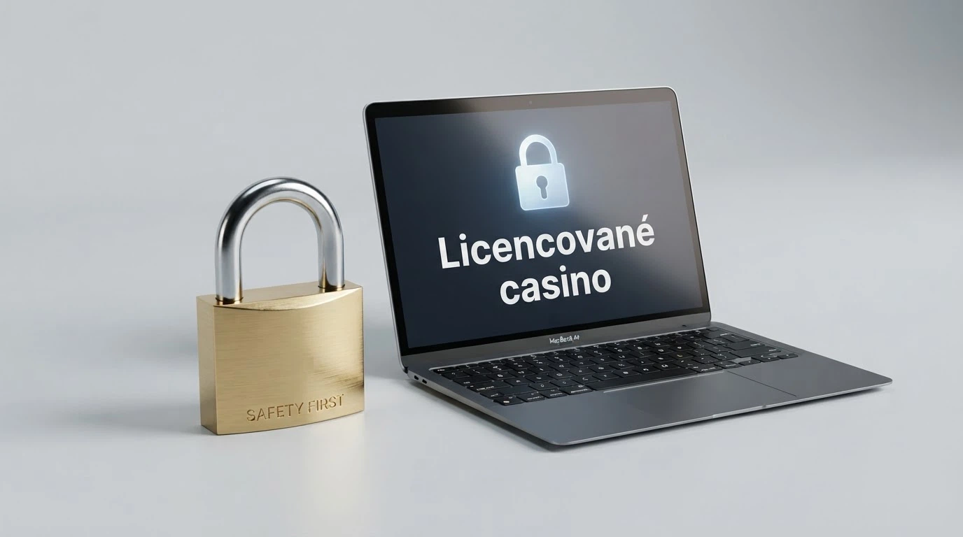 Úřední dokument s razítkem Ministerstva financí ČR vedle herní obrazovky, na které svítí symbol zámku a text „Licencované casino“