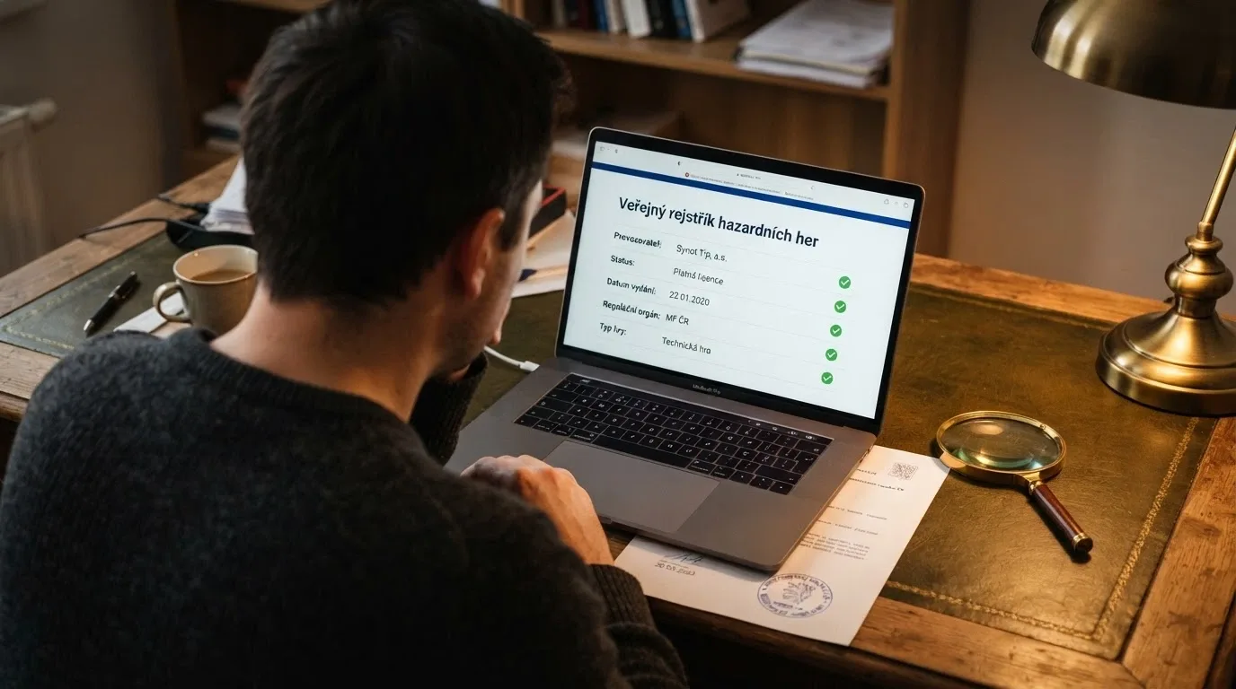 Detail úřední listiny s razítkem a lupou — kontrola licence na webu MF ČR