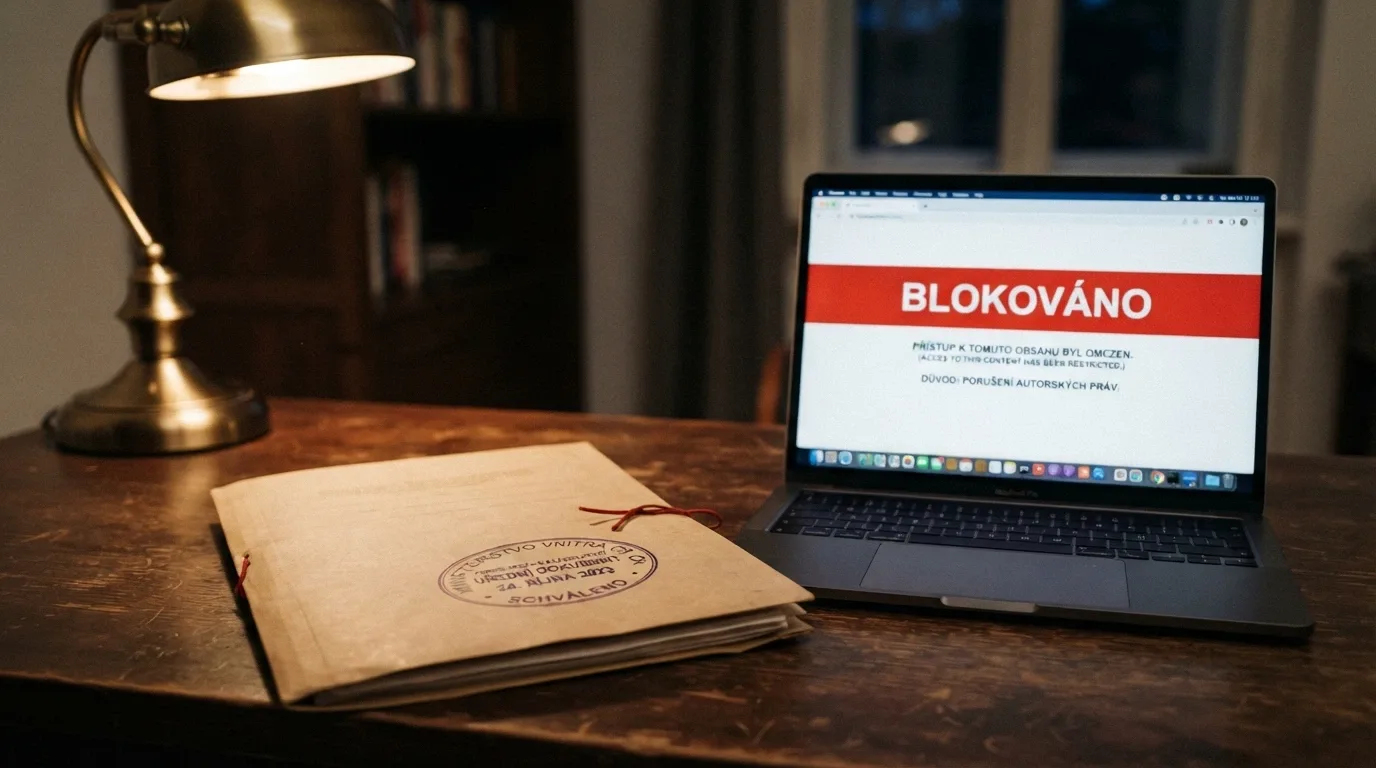 Úřední dokument s razítkem vedle obrazovky zobrazující nepřístupnou casino stránku s textem „blokováno“