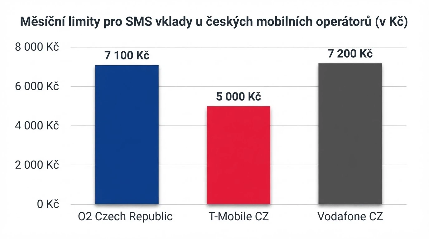 Tři loga českých operátorů — O2, Vodafone a T-Mobile — s grafickým znázorněním jejich měsíčních limitů pro SMS vklady