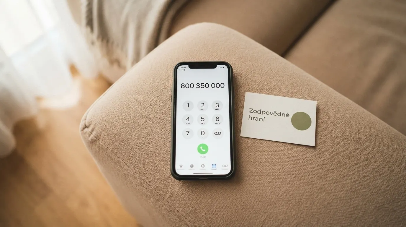 Telefon s vytočeným číslem 800 350 000, vedle logo Zodpovědné hraní a symbol nonstop linky