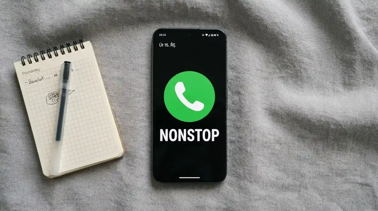 Telefon s nonstop ikonou, vedle logo Linky pomoci Naberte kurz a číslo