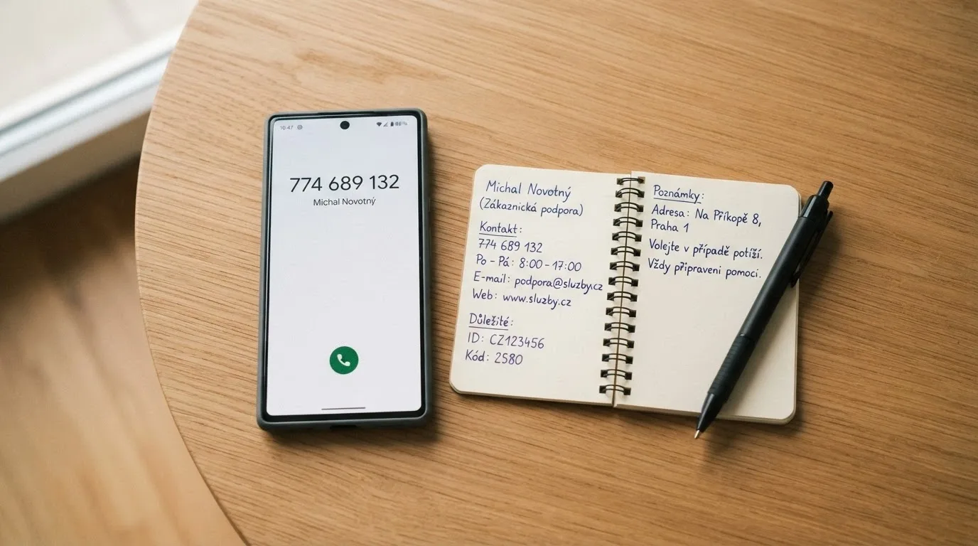 Telefon s vytočeným číslem 777 477 877 a poznámkový blok s kontakty na adiktologické služby