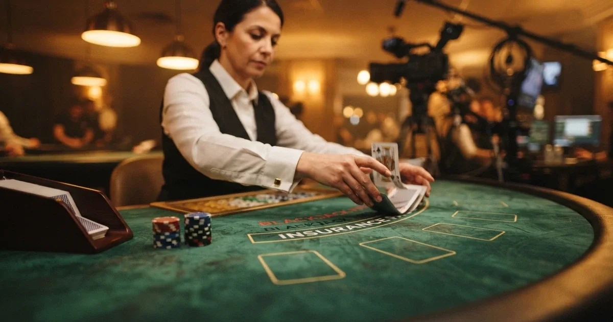 Krupiér rozdává karty u živého blackjackového stolu s logem online casina na pozadí