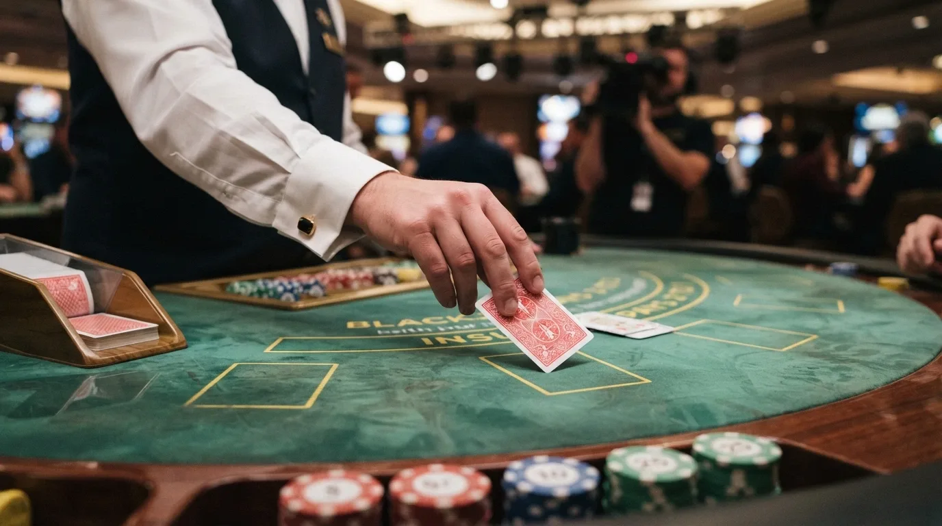 Detail ruky krupiéra pokládajícího kartu na zelené plátno blackjackového stolu při živém vysílání