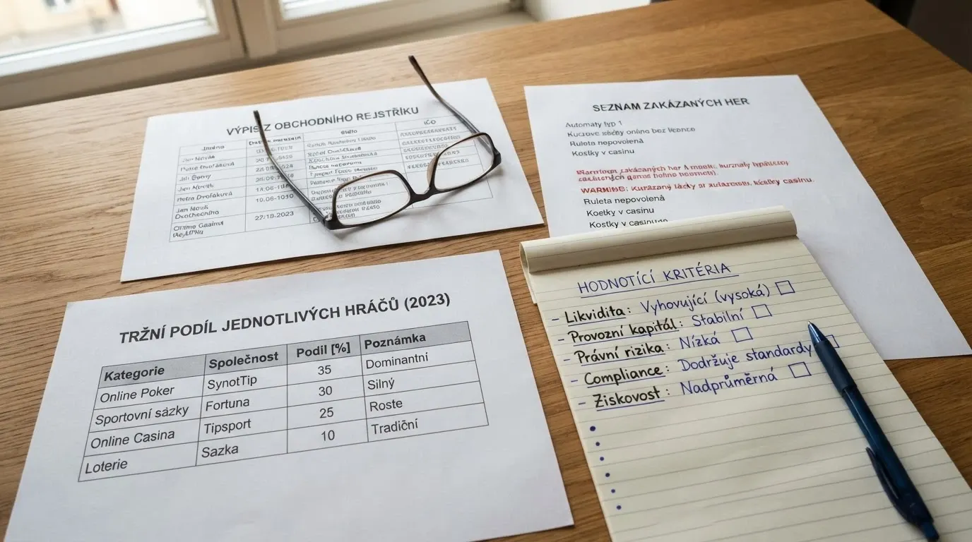 Psací stůl s otevřenými zdroji — výpis z registru MF ČR, seznam nepovolených her, tabulka tržních podílů a poznámky s kritérii hodnocení.