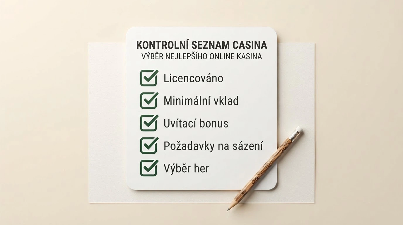 Stylizovaný kontrolní seznam hodnoticích kritérií s odškrtnutými položkami: licence, minimální vklad, bonus, protočení