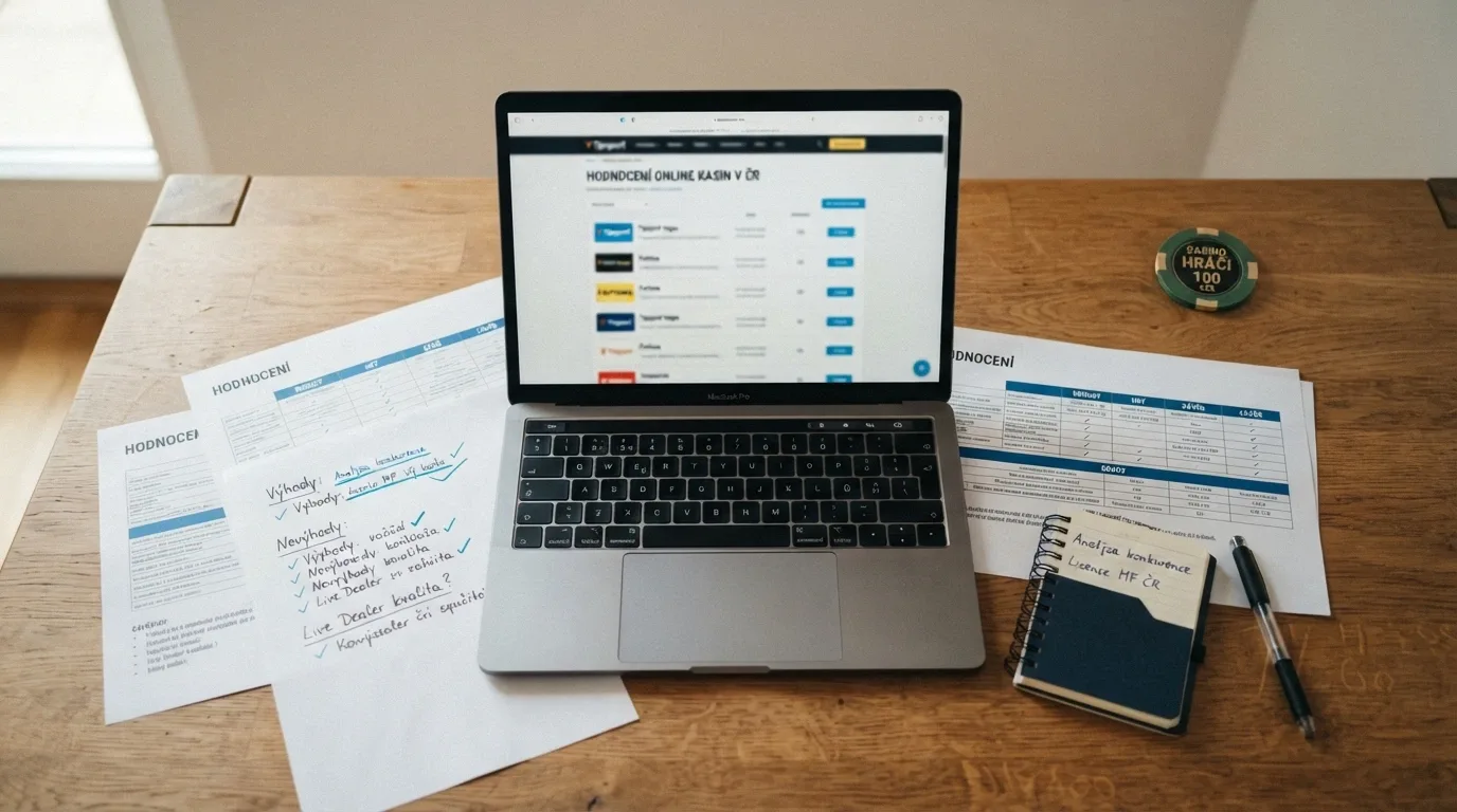 Koláž zdrojů — notebook s otevřeným seznamem MF ČR, screenshoty recenzí, poznámky z ověřování