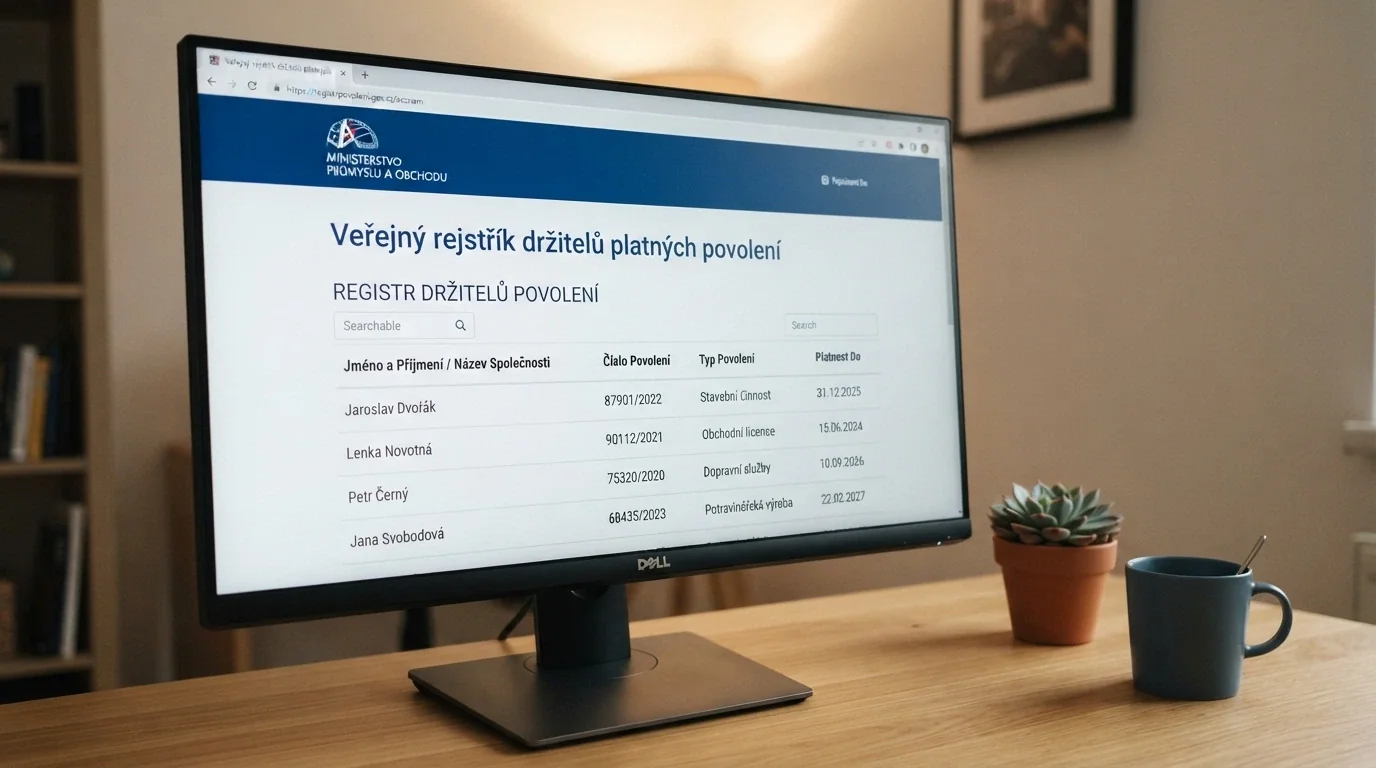 Detail obrazovky s veřejným registrem Ministerstva financí ČR, na monitoru je vidět seznam licencovaných provozovatelů