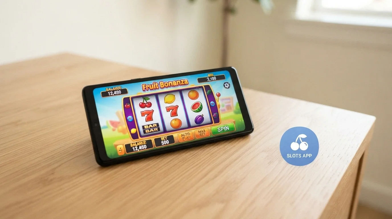 Mobilní telefon s otevřeným automatem v prohlížeči vedle ikony casino aplikace