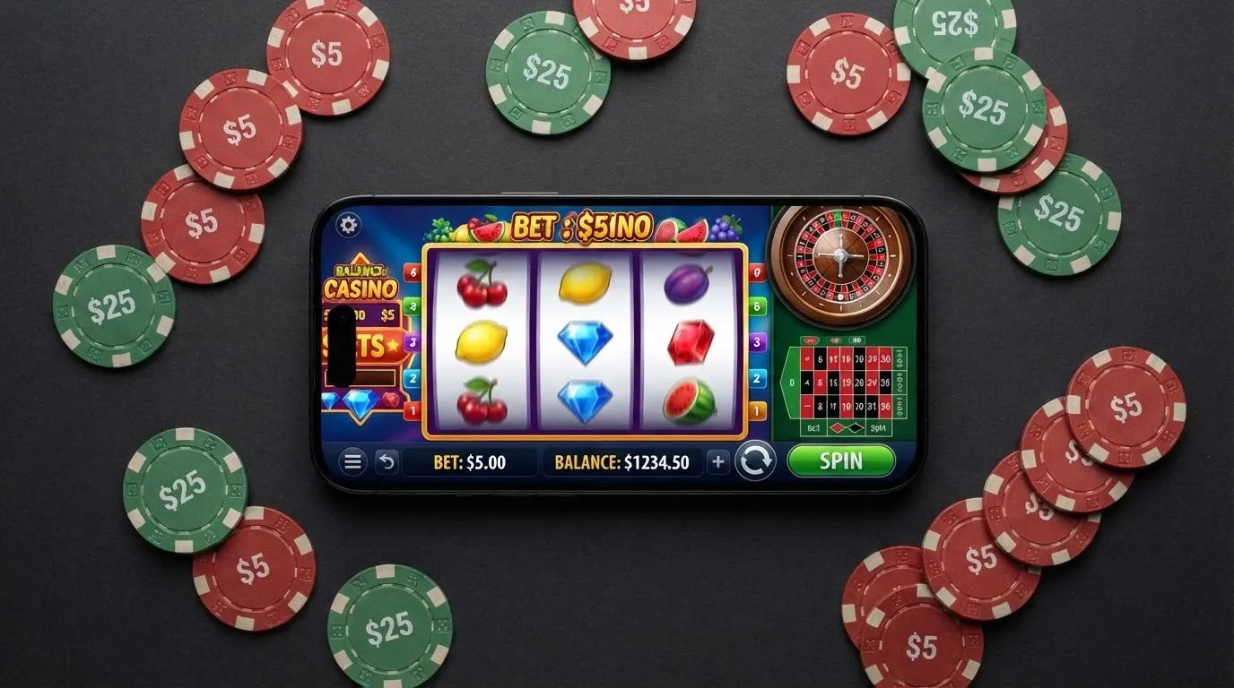 Koláž zobrazující automat, ruletu a live casino stream na displeji telefonu
