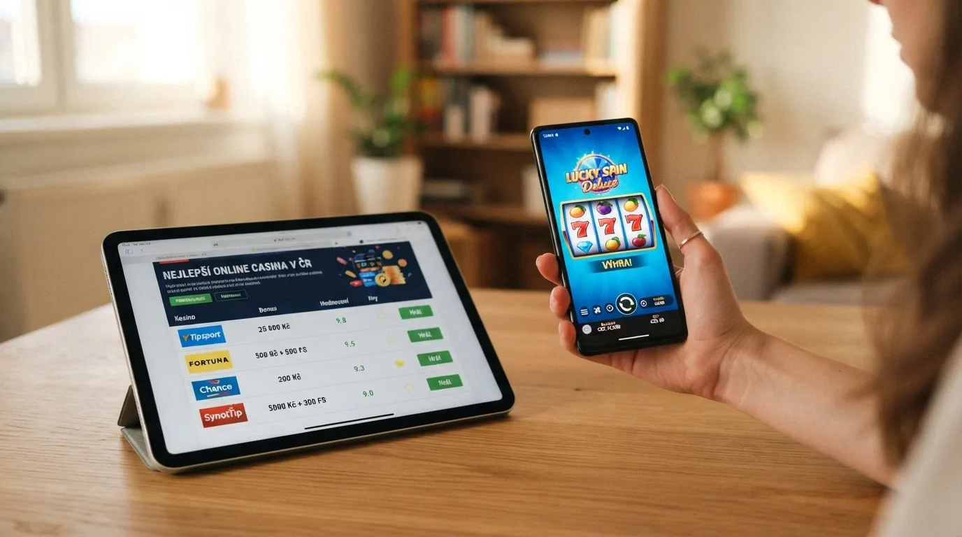 Mobilní telefon s otevřenou casino hrou v prohlížeči a vedle něj tablet se srovnáním nabídky