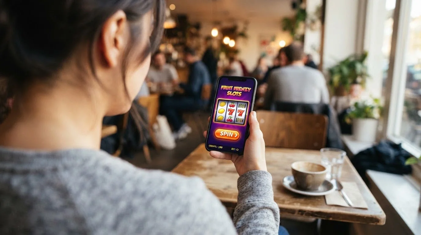Chytrý telefon držený v ruce, na displeji roztočený automat s tlačítkem FREE SPINS