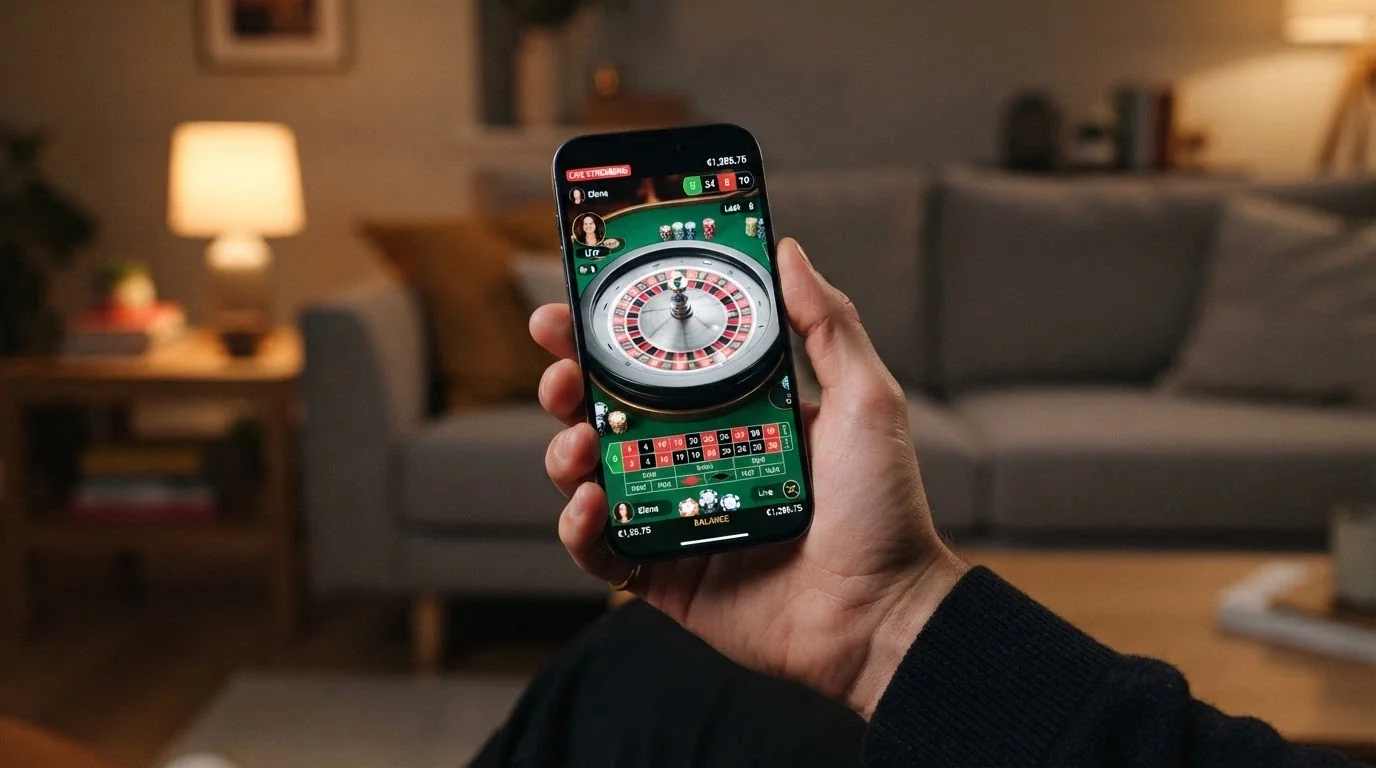 Ruka držící telefon s živým streamem rulety na displeji
