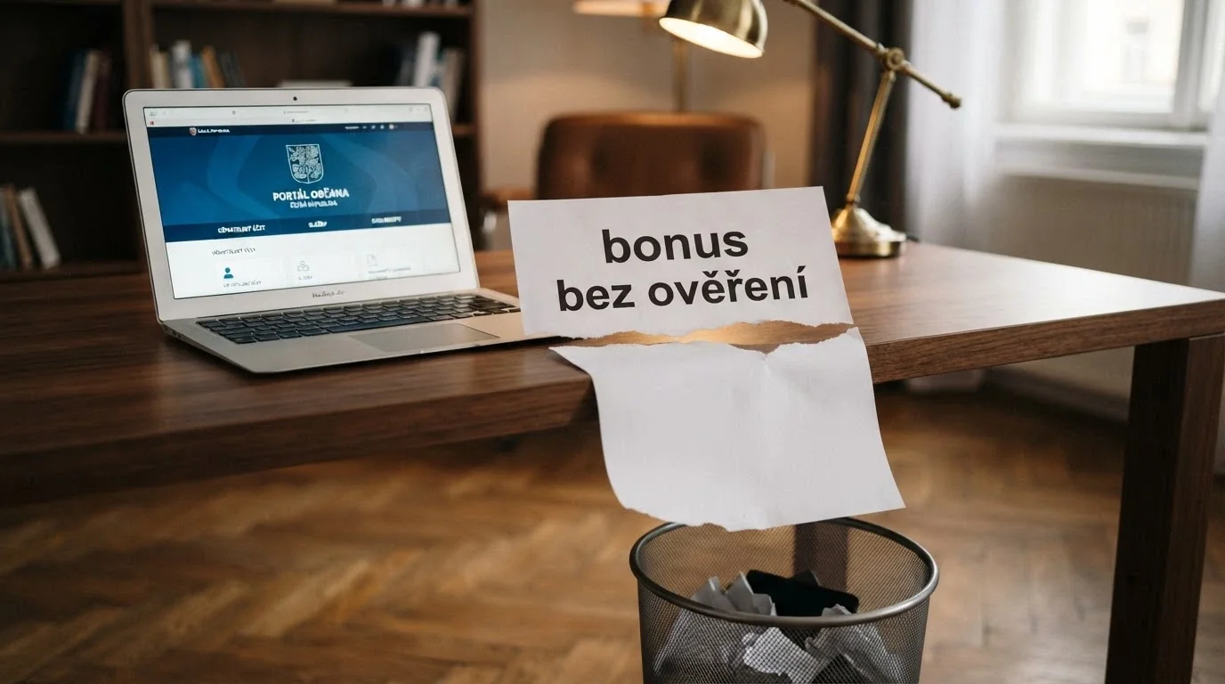 roztržený papír s nápisem „bonus bez ověření“ — jedna polovina leží na stole u počítače s logem MF ČR, druhá polovina padá do koše