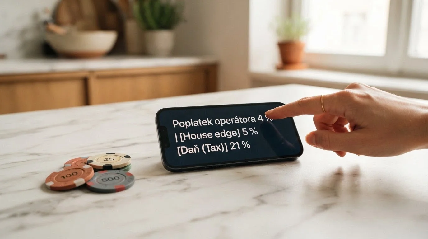 Kalkulačka nebo rozpočet na displeji mobilního telefonu s rozpisem poplatku operátora, house edge a případné daně z výhry