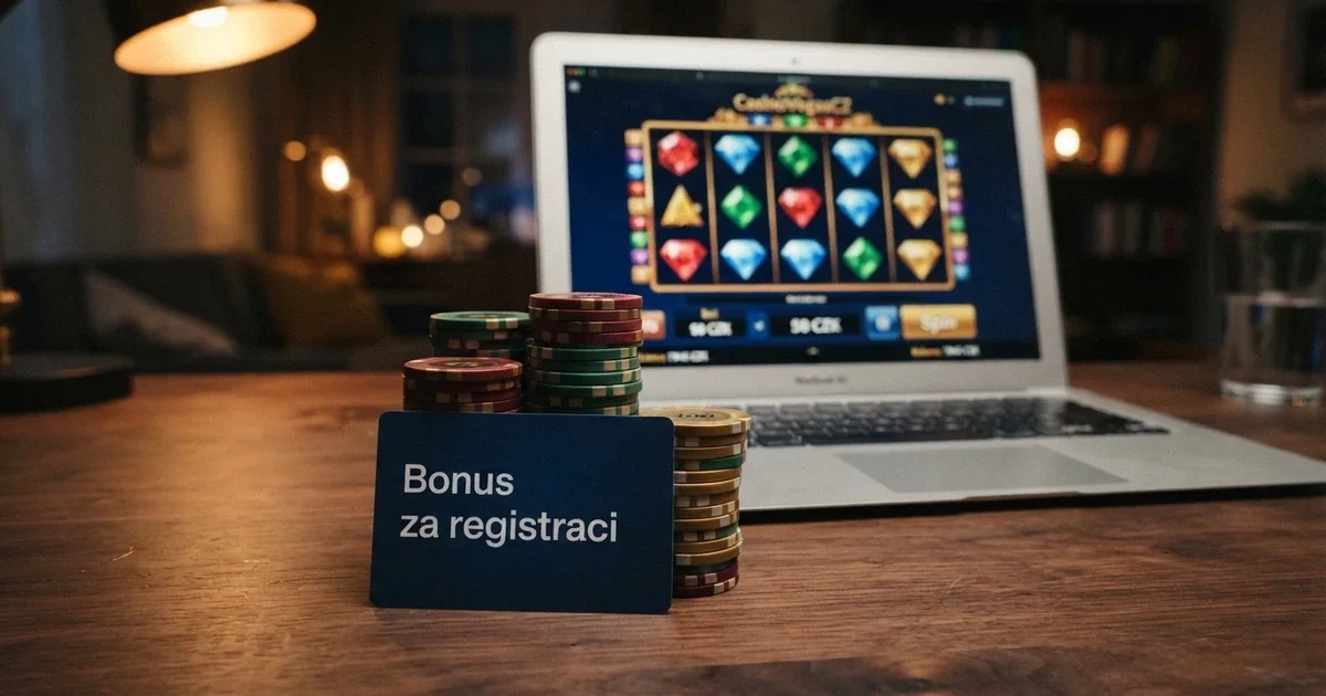 Hromádka žetonů a karta s nápisem Bonus za registraci, v pozadí online casino rozhraní