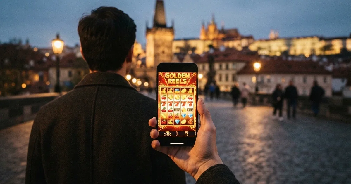 Hráč držící mobilní telefon se zobrazenou kasino hrou na displeji