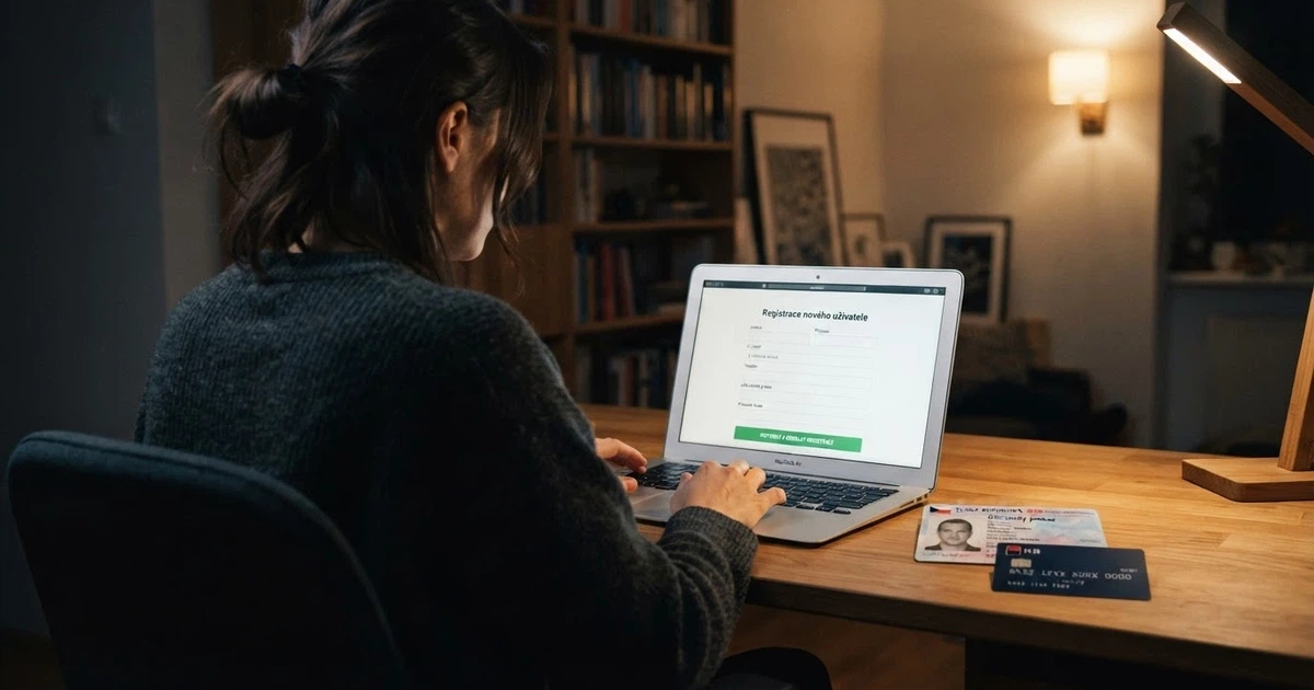 Hráč u notebooku prohlíží registrační formulář zahraničního casina, na stole leží občanský průkaz a platební karta, v pozadí obrazovka s podmínkami bonusu.