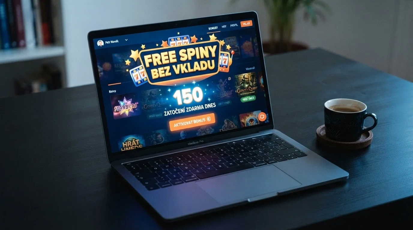 Obrazovka casino bonusové sekce s tučně zvýrazněnou nabídkou free spinů bez vkladu