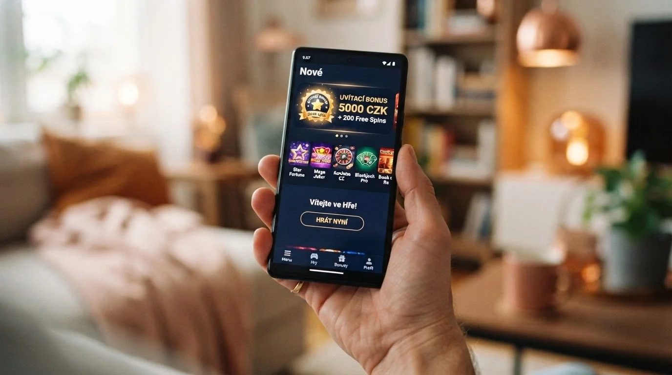 Moderní design mobilního kasina s nápisem „nové“ a symbolem bonusu — vstup na neznámou půdu