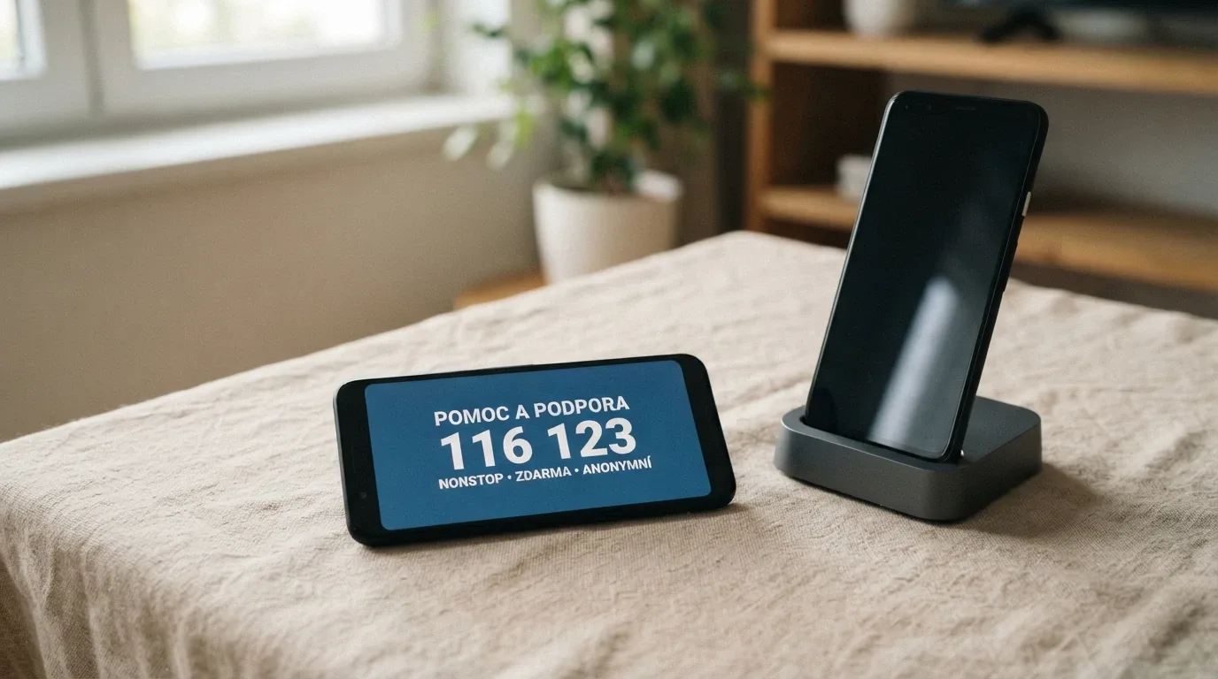 Telefonní sluchátko a klávesnice s viditelným číslem Linky pomoci 777 477 877 na obrazovce.