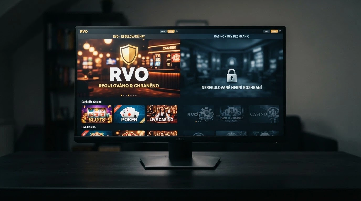rozdělená obrazovka — vlevo české casino se symbolem štítu a nápisem RVO, vpravo offshore casino s visacím zámkem bez štítu
