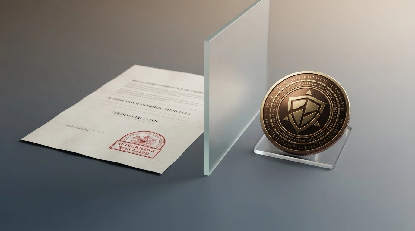 Úřední dokument s razítkem vedle bitcoinové mince — kontrast regulace a kryptoměny