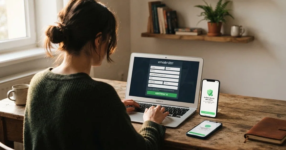 Hráč u notebooku s otevřenou registrační stránkou českého online casina, na stole mobil s BankID aplikací