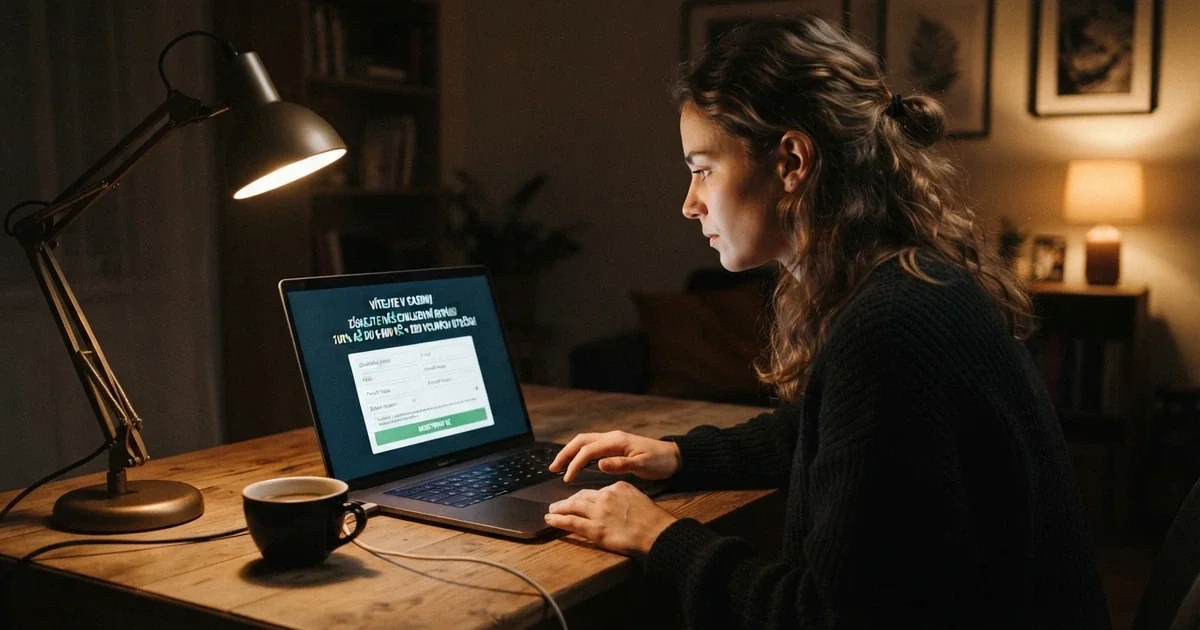 Hráč u notebooku si prohlíží registrační formulář českého online kasina s nabídkou bonusu bez vkladu