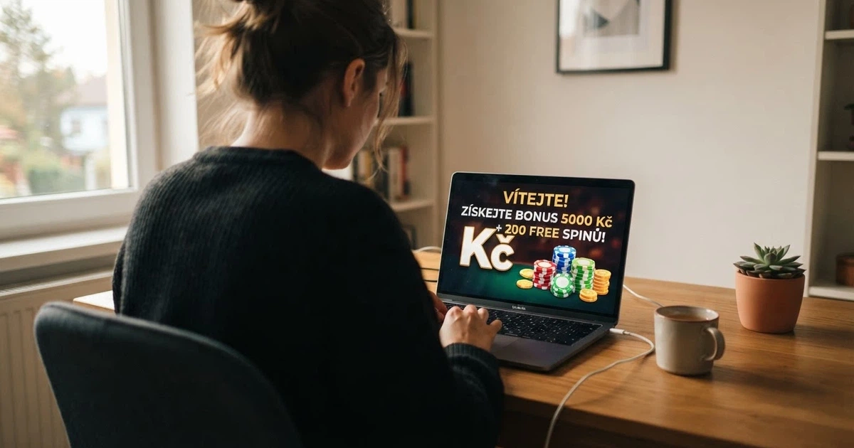 Hráč u počítače si prohlíží nabídku vstupních bonusů bez vkladu v online casinu, na obrazovce svítí uvítací nabídka