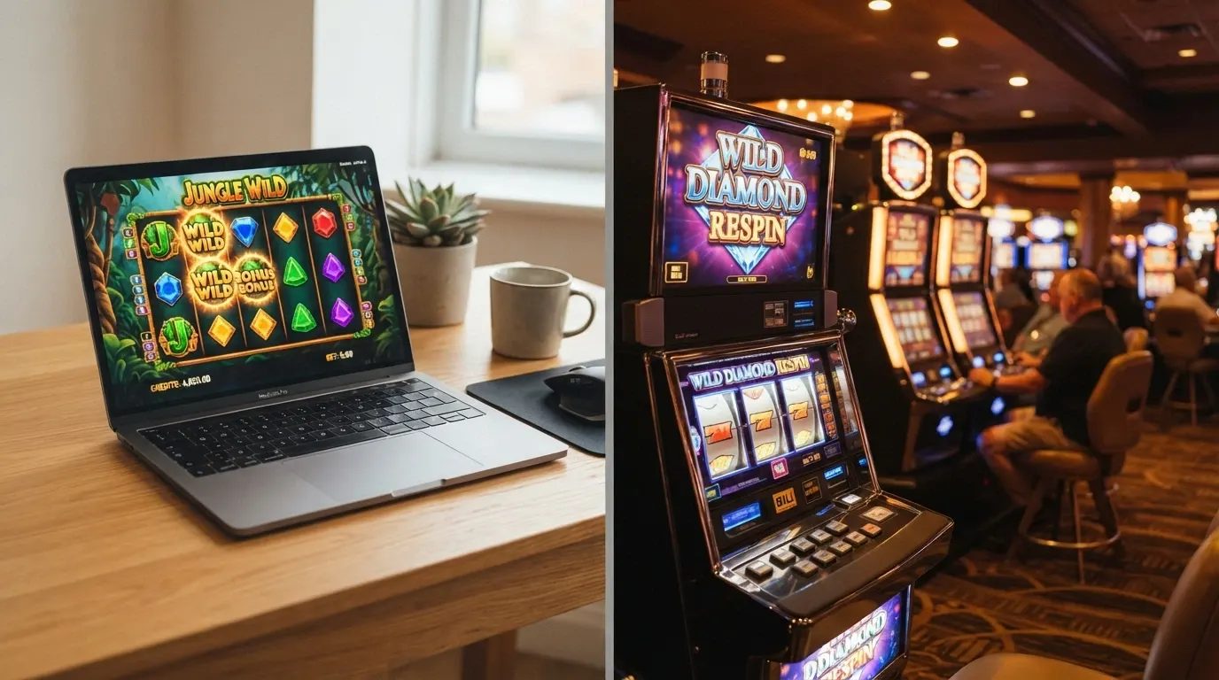 Rozdělený obraz: vlevo online casino na notebooku s registračním formulářem, vpravo kamenné kasino s hracími automaty