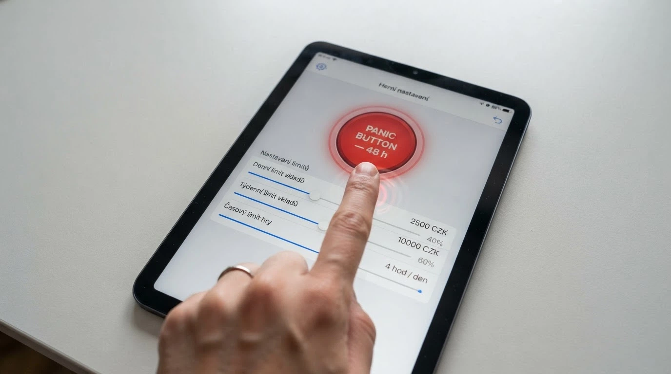 Prst na dotykové obrazovce mačká červené tlačítko s nápisem „Panic button — 48 h“, vedle panel s nastavením limitů