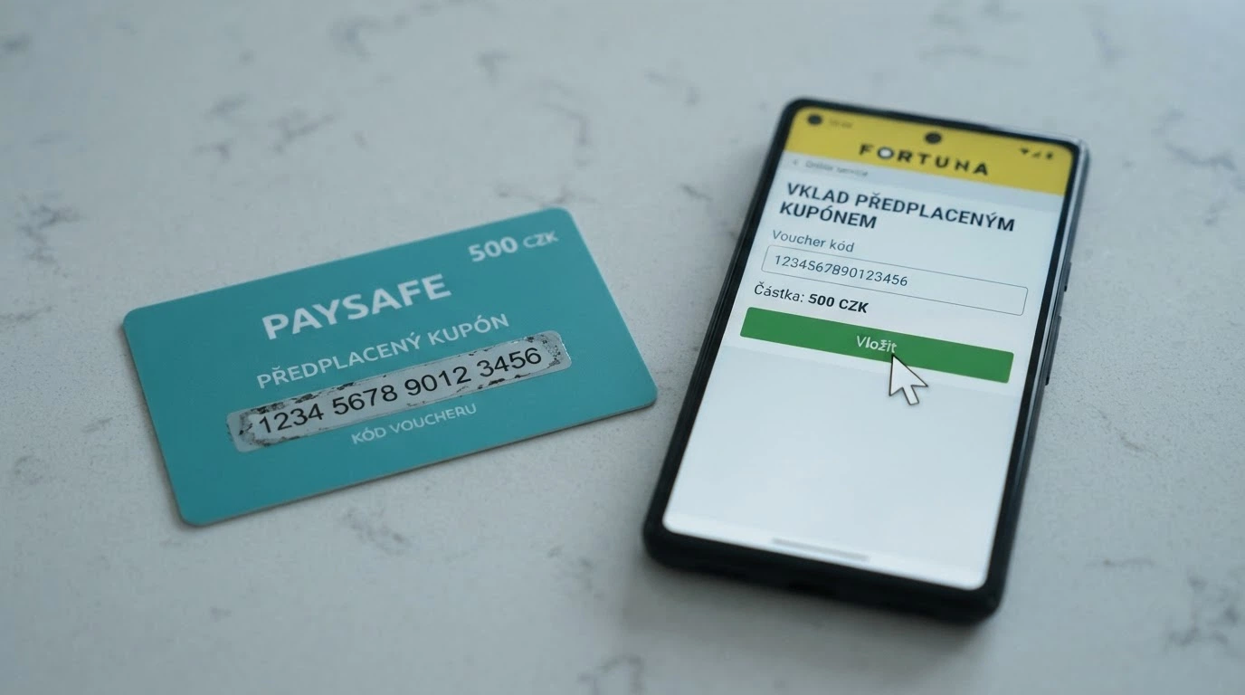 Paysafecard voucher v hodnotě 200 Kč vedle obrazovky s kasinem, kurzor ukazuje na tlačítko Vložit