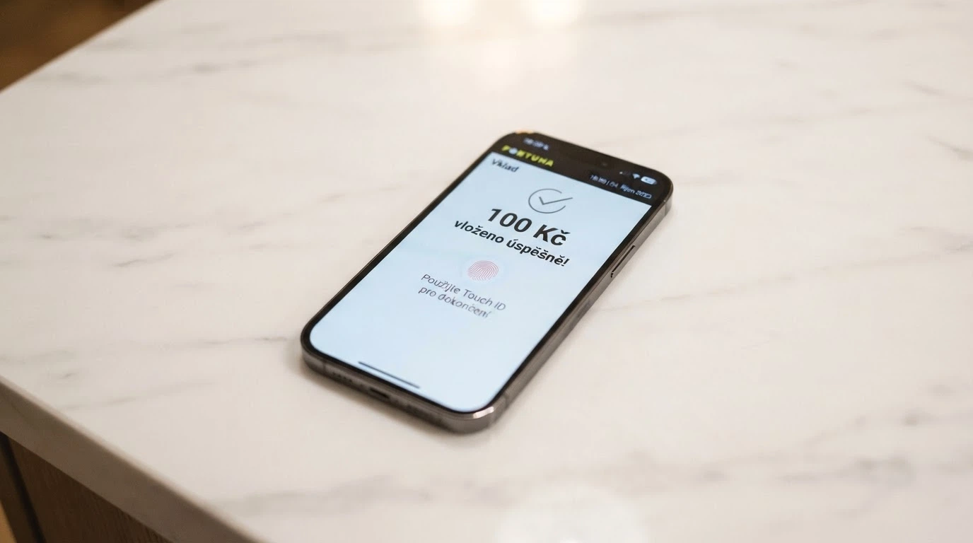 Chytrý telefon s otevřenou aplikací online casina, na displeji obrazovka Apple Pay s částkou 100 Kč