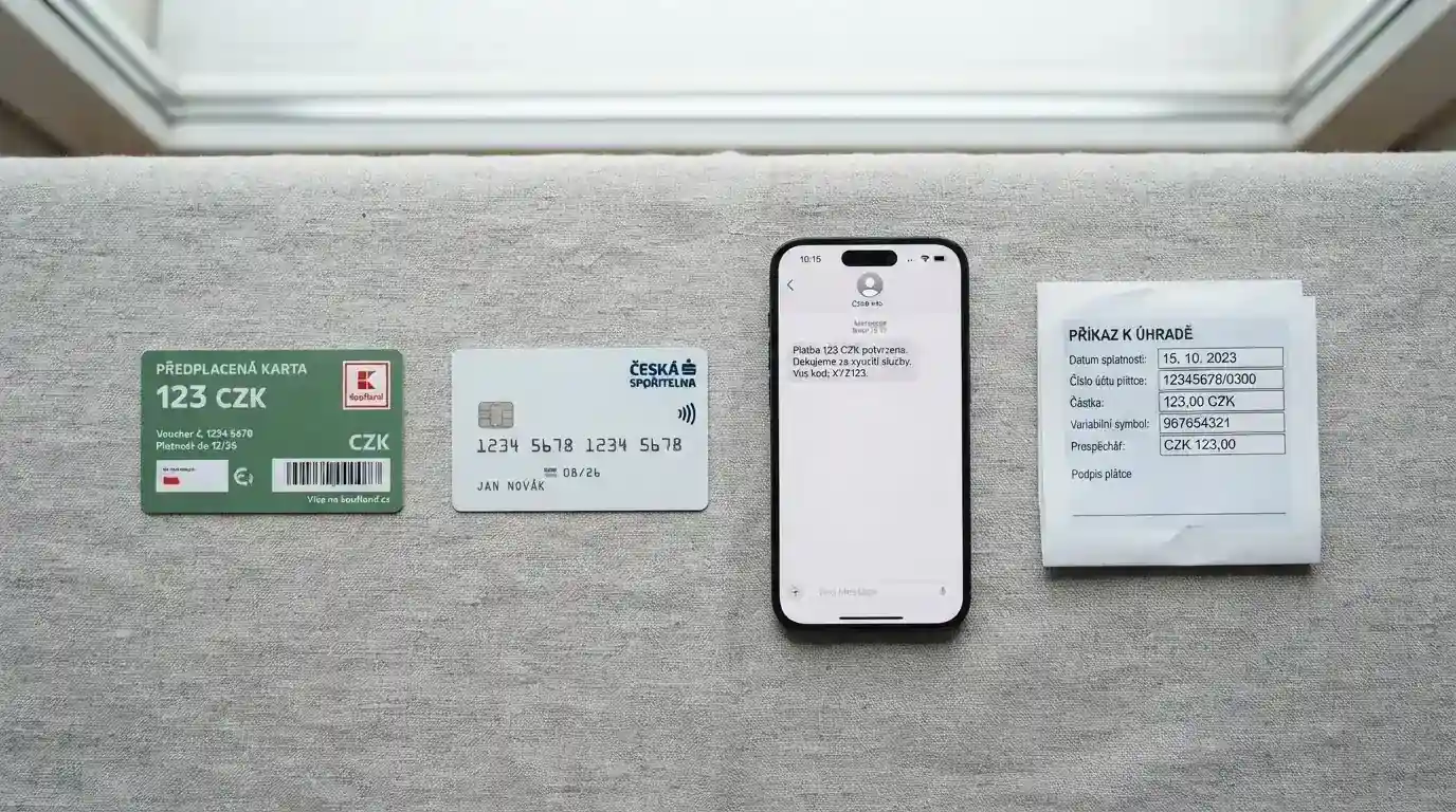 Koláž platebních metod: Paysafecard voucher, platební karta, mobil s SMS platbou a bankovní převod
