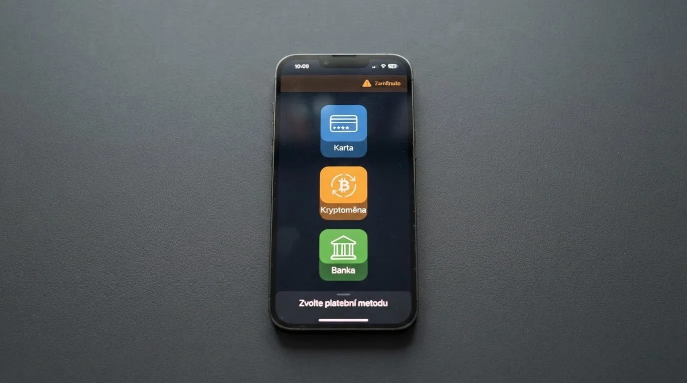 Smartphone s otevřenou platební bránou casina — na výběr Paysafecard, kryptoměna a bankovní převod, v rohu obrazovky varovná ikona zamítnuté platby.