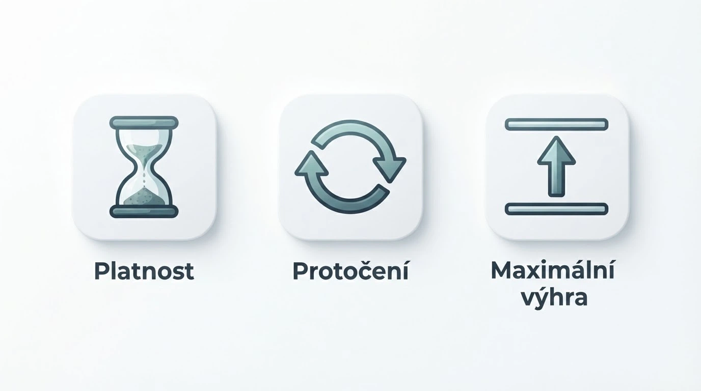 Infografika znázorňující tři klíčové podmínky: ikona přesýpacích hodin (platnost), kruhová šipka (protočení), strop (maximální výhra).