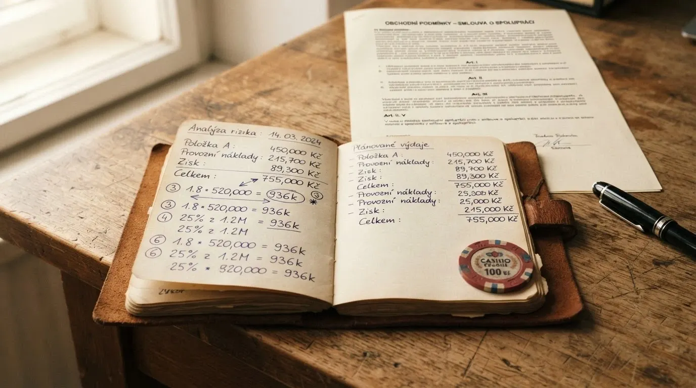 Kalkulačka a česká koruna na stole s dokumentem podmínek bonusu v pozadí