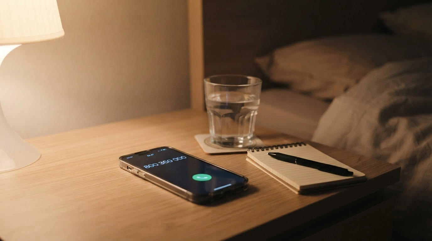 Telefon s vytočenou linkou pomoci na displeji, vedle něj sklenice vody a poznámkový blok