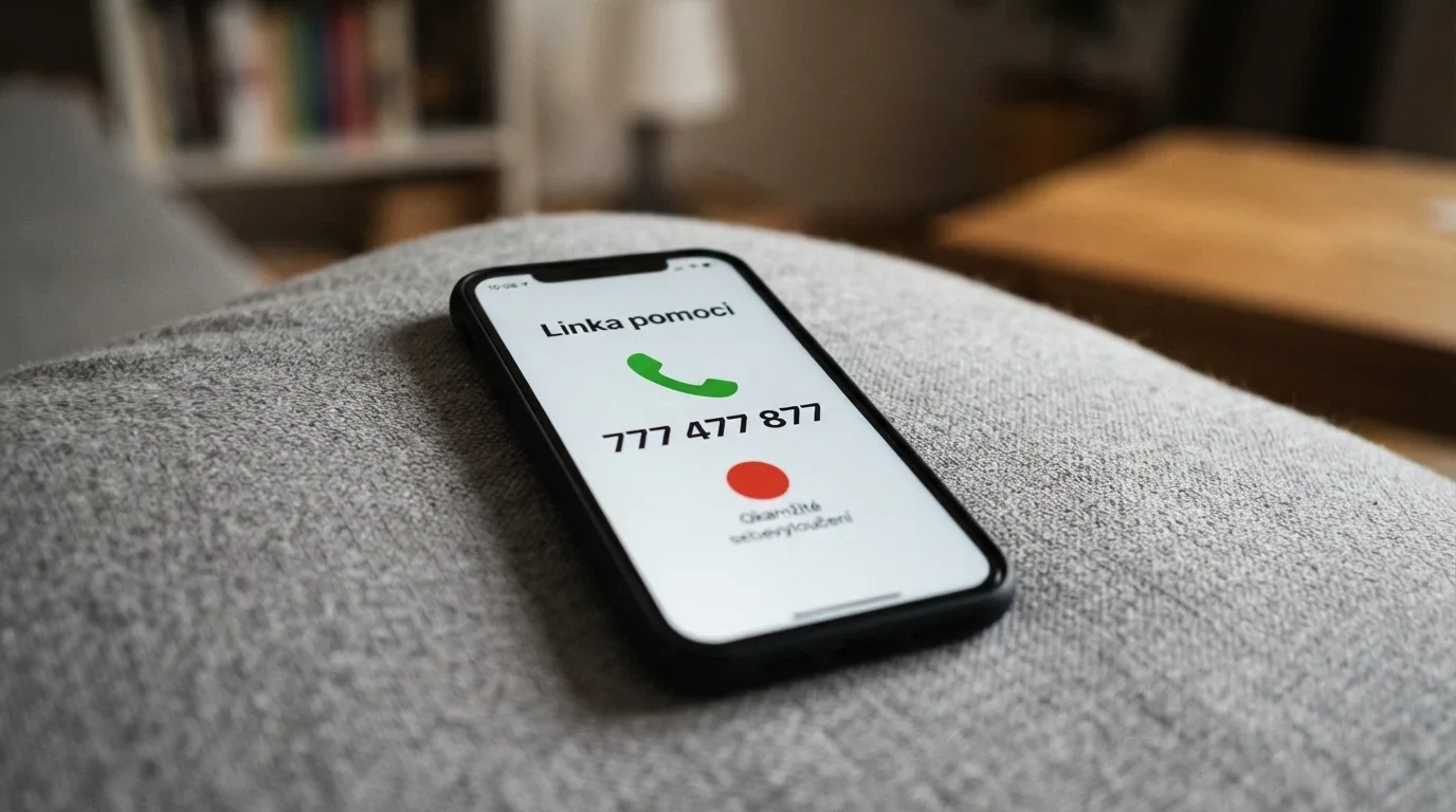 Telefon s číslem 777 477 877 na displeji, vedle ikona Panic Button tlačítka a logo Zodpovědné hraní.