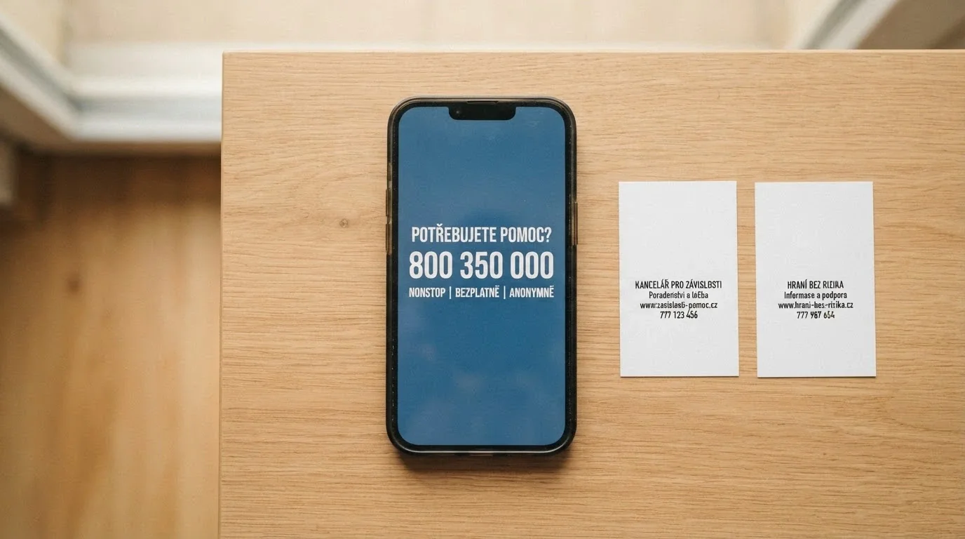 Telefon s vytočenou linkou pomoci, vedle vizitky poraden — zodpovednehrani.cz, koncimshranim.cz