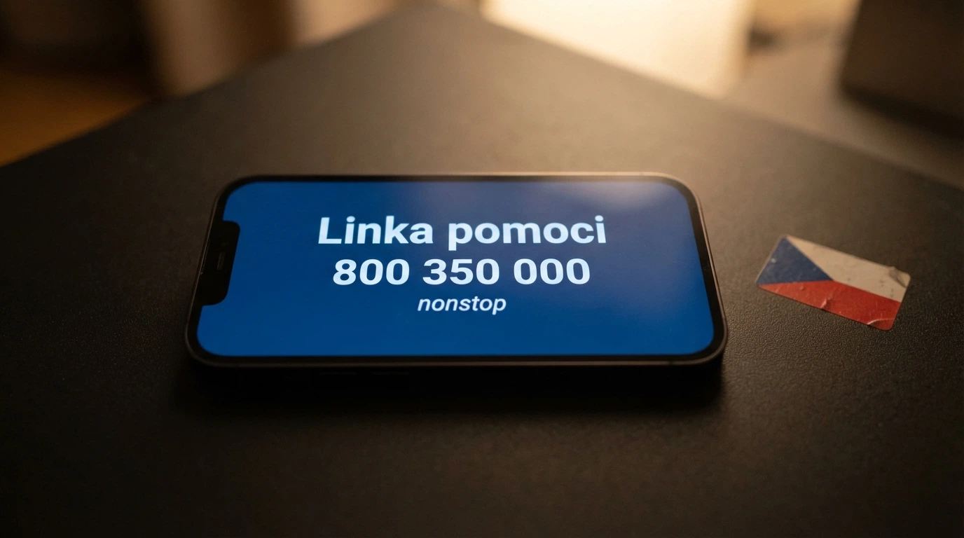 Telefonní sluchátko na lince důvěry, vedle něj česká vlajka a nápis nonstop