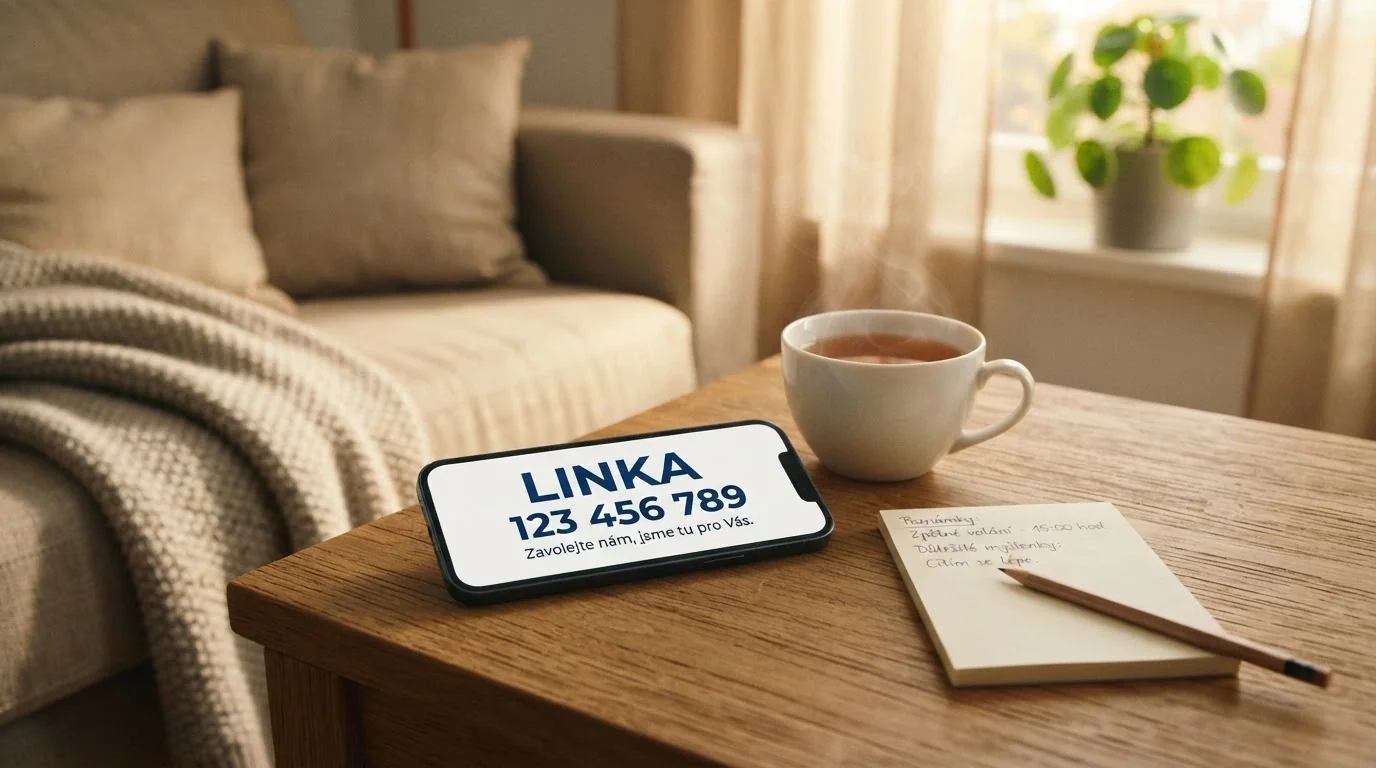 Telefon s vyťukaným číslem linky pomoci, vedle něj šálek čaje a papír s poznámkami — klidná, podpůrná scéna, žádné kasino v pozadí