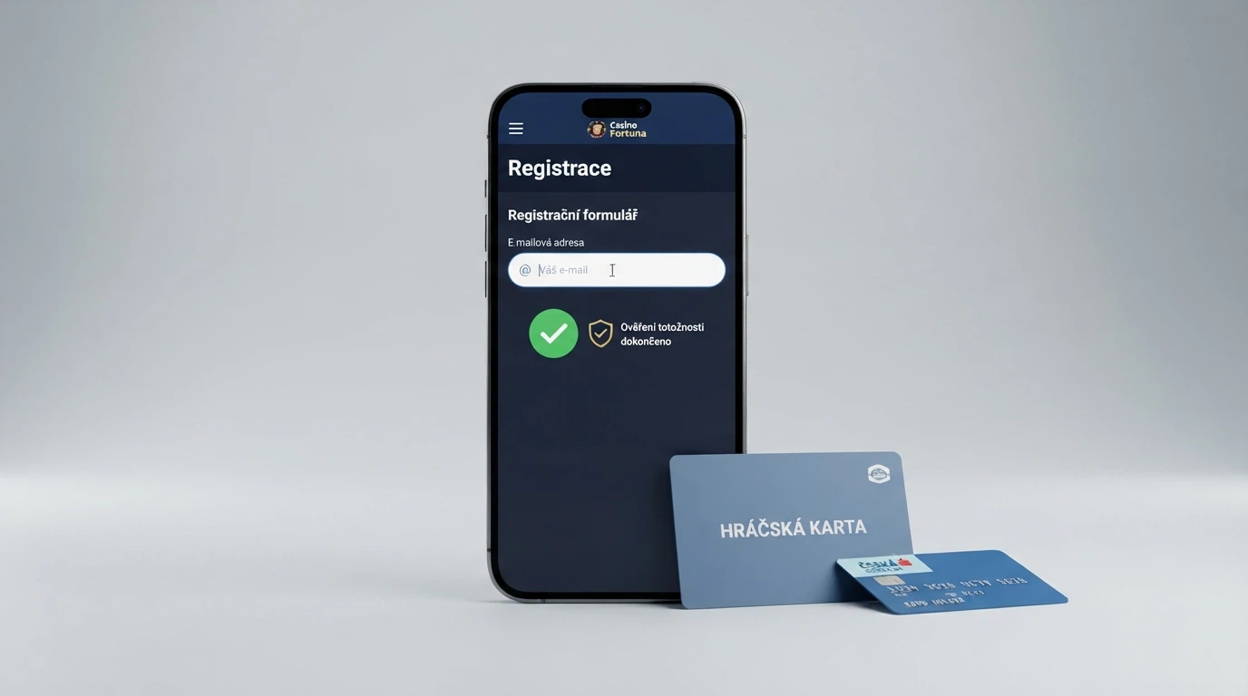 Obrazovka registračního formuláře českého online casina, vedle ikona BankID a mobilní telefon s ověřovacím kódem.