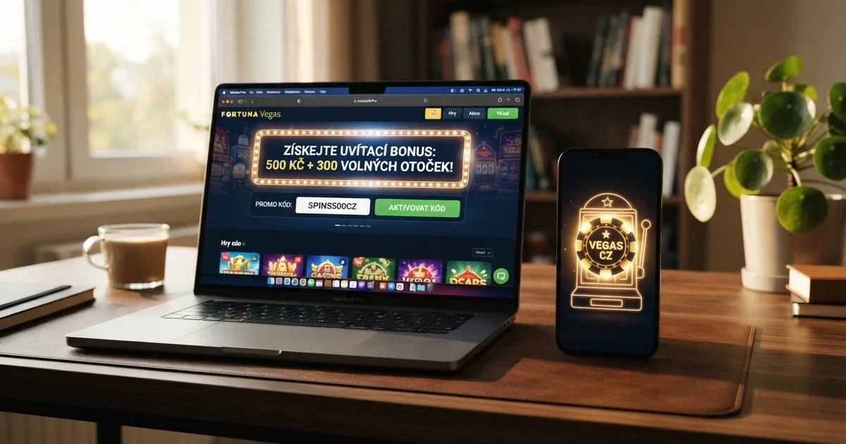 Rozcestník promo kódů bez vkladu na monitoru notebooku a displeji mobilního telefonu