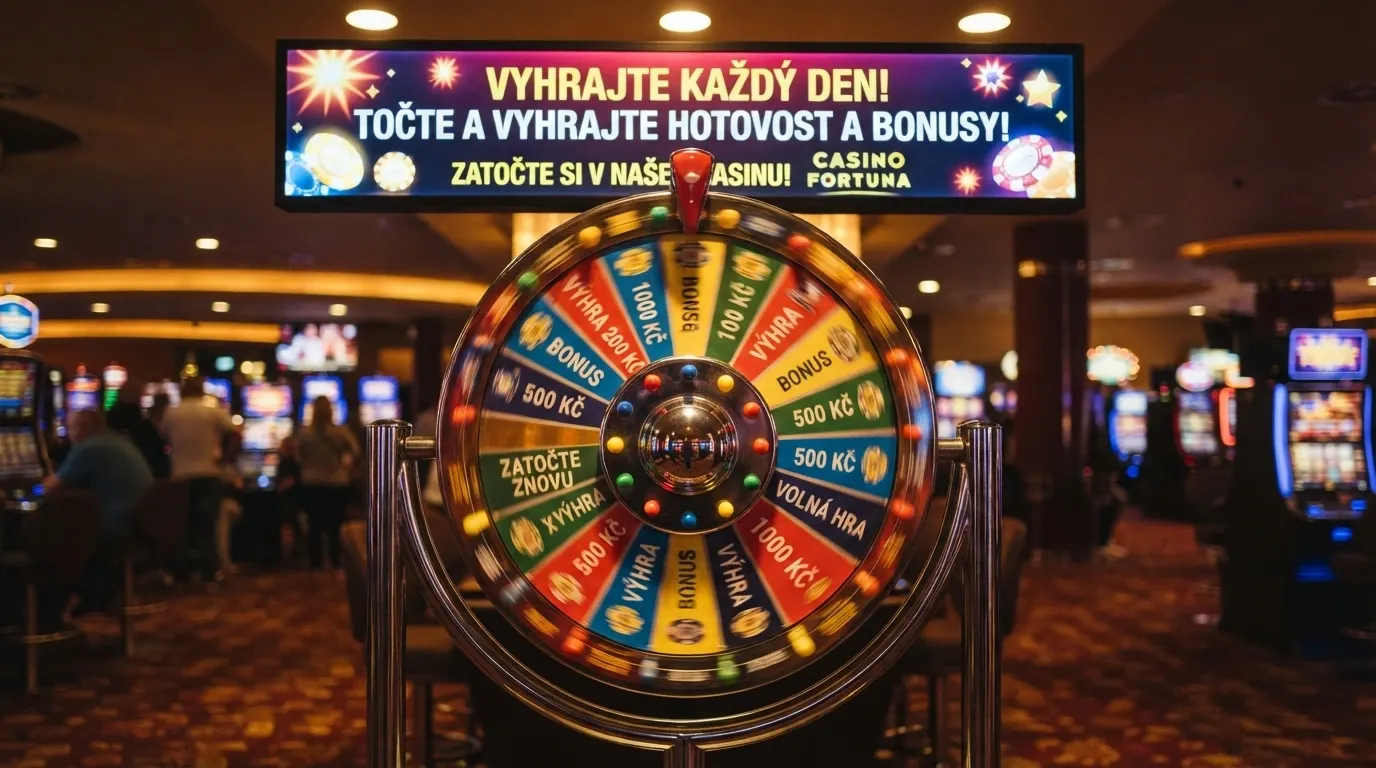 Roztočené kolo štěstí s výsečemi a banner s promo akcí na pozadí