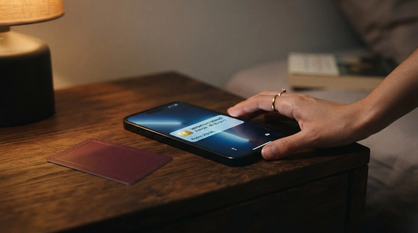 Notifikace s nabídkou reload kódu na displeji telefonu a vedle věrnostní karta casino programu