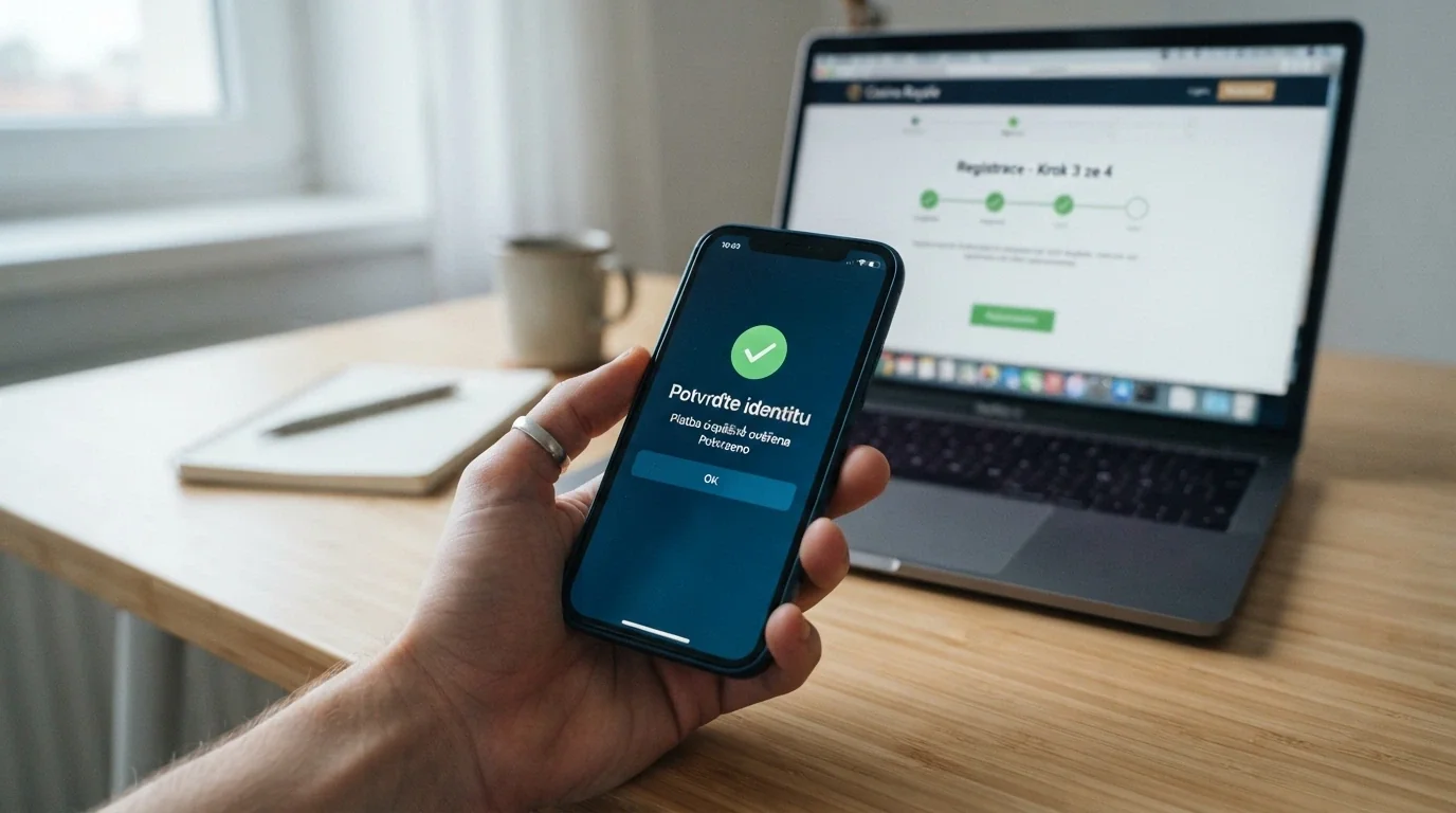mobilní telefon s otevřenou aplikací BankID a na pozadí obrazovka casina s indikátorem průběhu registrace (3 ze 4 kroků hotovo)