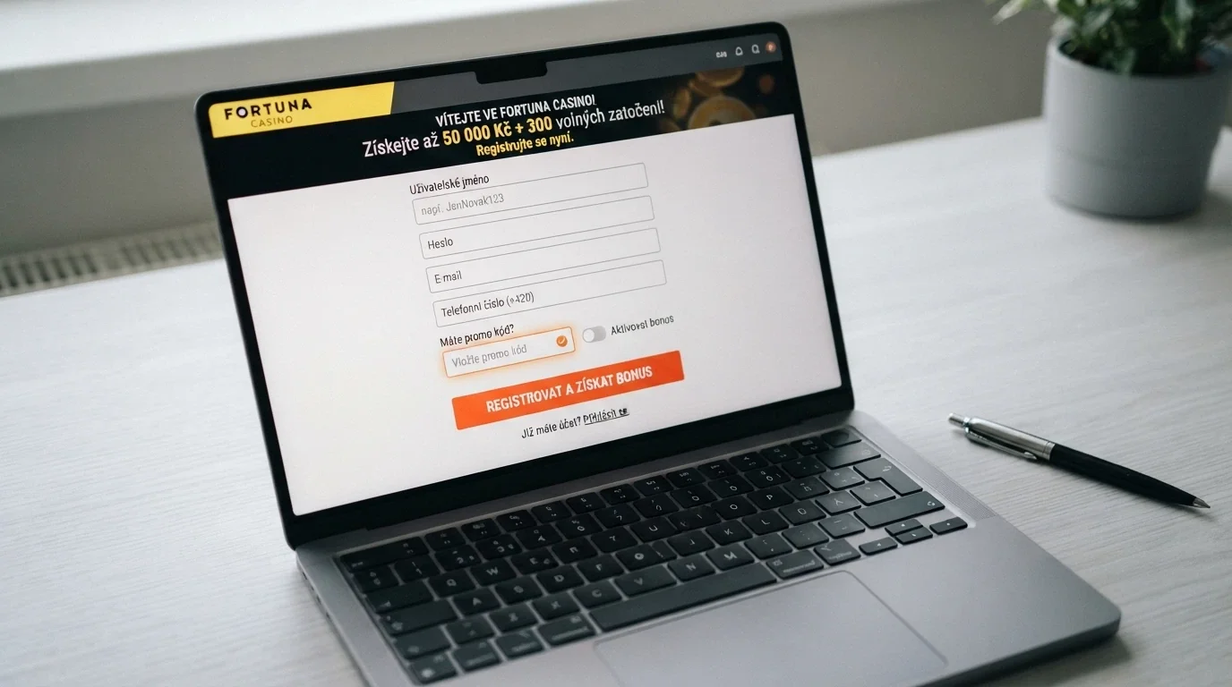Detail registračního formuláře online casina se zvýrazněným polem pro zadání promo kódu a potvrzovacím tlačítkem